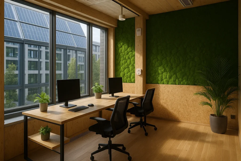 Ein frischer Blick auf grüne Mietflächen 2 | gewerberaeume-frankfurt.de Grünes, nachhaltiges Büro mit Mooswänden und Solarpaneelen